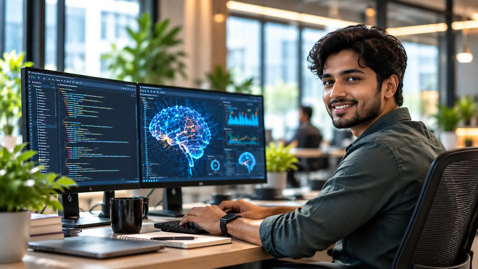 AI and Machine Learning Staffing banner showing an AI engineer working with machine learning code and neural network visualizations in a modern office.