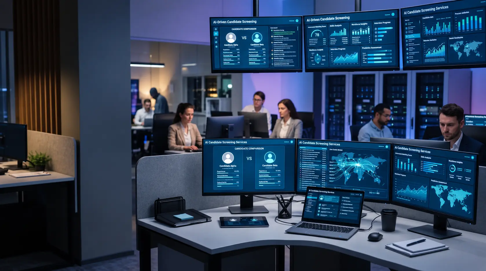 An office interior featuring modern computer screens displaying AI candidate screening services data on dashboards, with the left side blurred in dark, natural shadow.