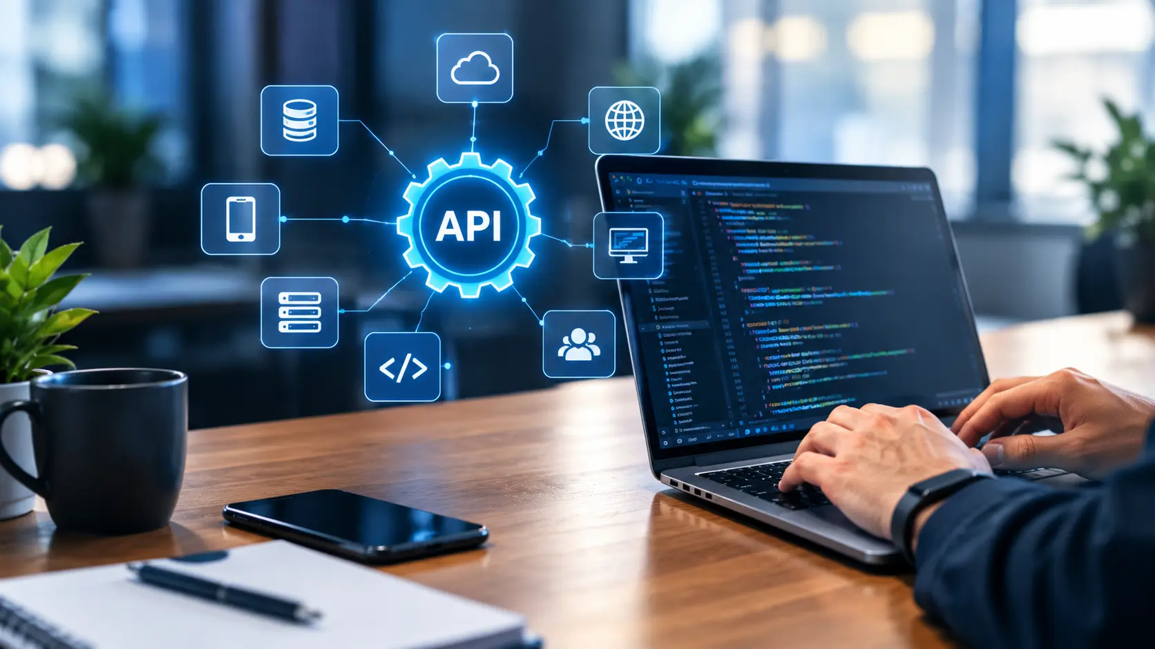 Developer coding on a laptop with a glowing API hub connecting cloud services, databases, mobile apps, servers, and web applications.