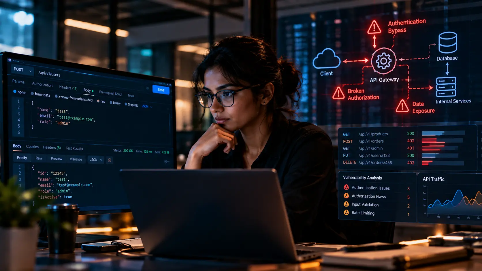 Cybersecurity professional performing API security testing to identify vulnerabilities in authentication, authorization, data exposure, and API endpoints.