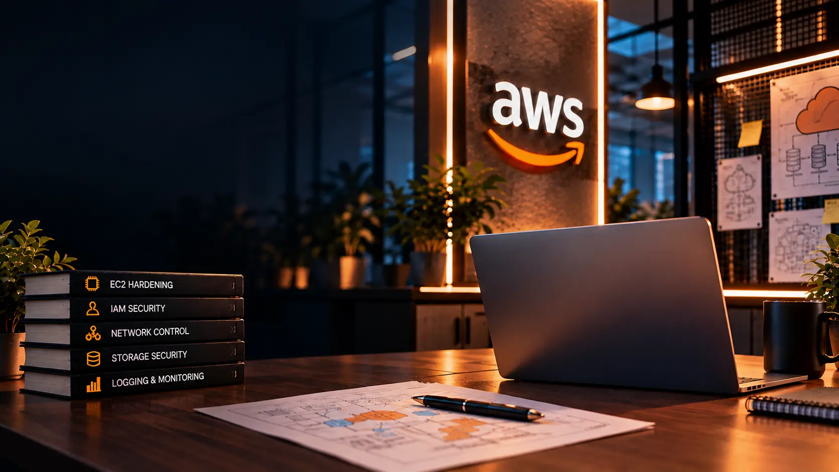 AWS server hardening setup reviewing EC2 configurations, IAM security, network controls, storage protection, and monitoring to strengthen cloud infrastructure security.