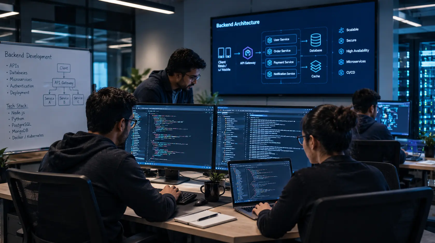 Backend developers collaborating on code, APIs, databases, and system architecture in a modern technology office.