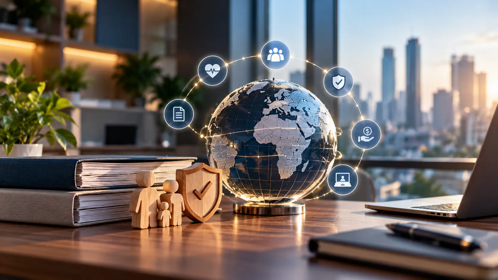 Global employee benefits administration concept featuring a connected globe, healthcare, financial benefits, employee protection, and workforce support, representing HashRoot’s benefits administration services.