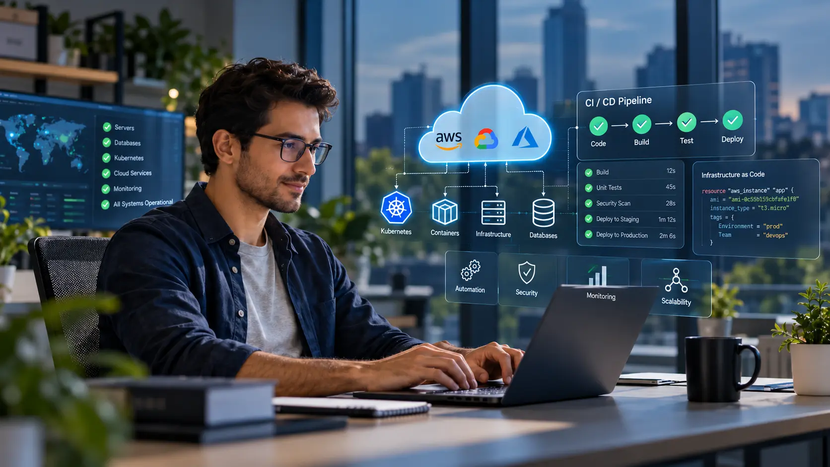 DevOps Staffing banner showing a cloud engineer working with CI/CD pipelines, Kubernetes, cloud platforms, monitoring, and infrastructure automation in a modern office.
