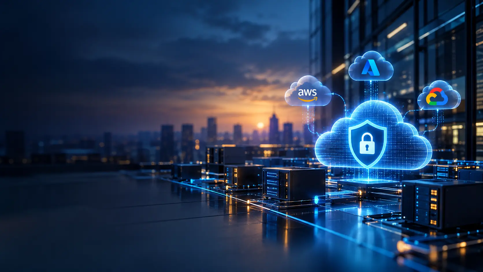 Cloud Security Posture Management protecting multi-cloud infrastructure across AWS, Azure, and Google Cloud with continuous security monitoring.