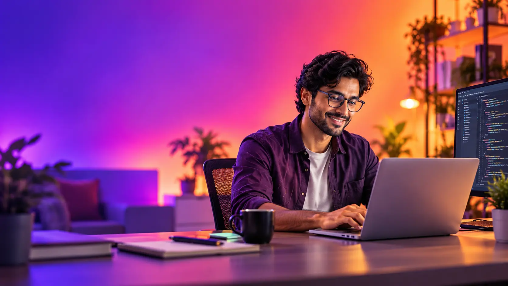 Software Development Contractors banner showing a remote software developer coding in a modern workspace, representing flexible contract developer hiring through RapidBrains.