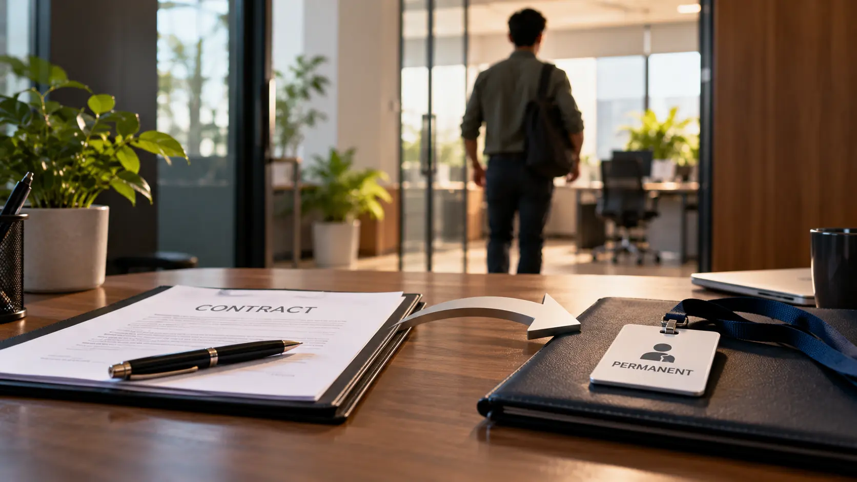 Contract to hire staffing concept showing a professional moving from a signed contract toward permanent employment in a modern office setting.