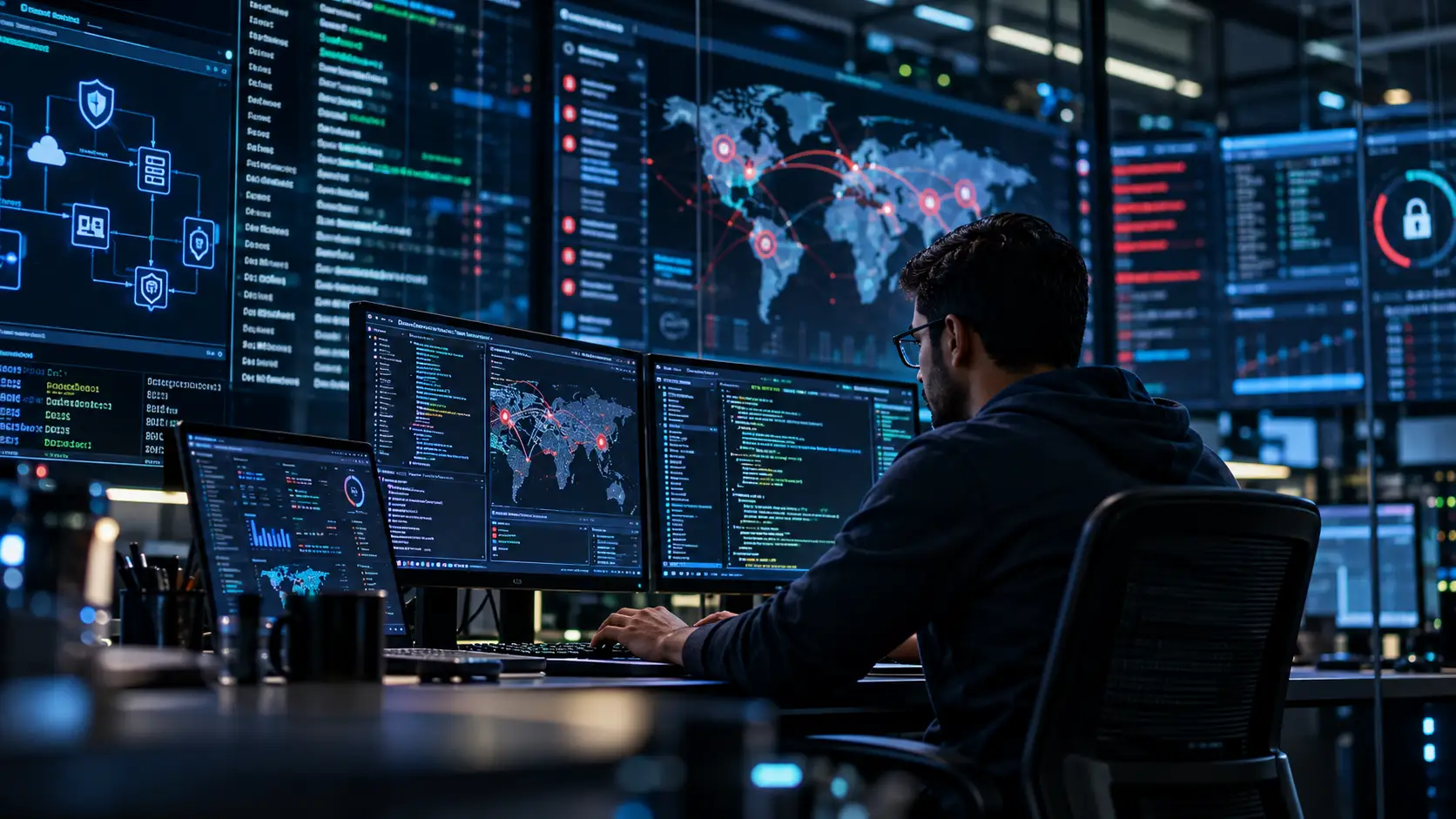 Cyber Security Staffing banner showing a cybersecurity professional monitoring global threats, security alerts, network activity, and code across multiple SOC screens.