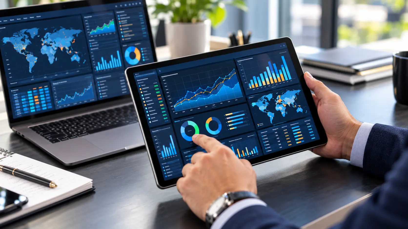 Data Analytics Staffing banner showing real-time business dashboards, data visualizations, and analytics insights across tablet and laptop screens in a professional workspace.