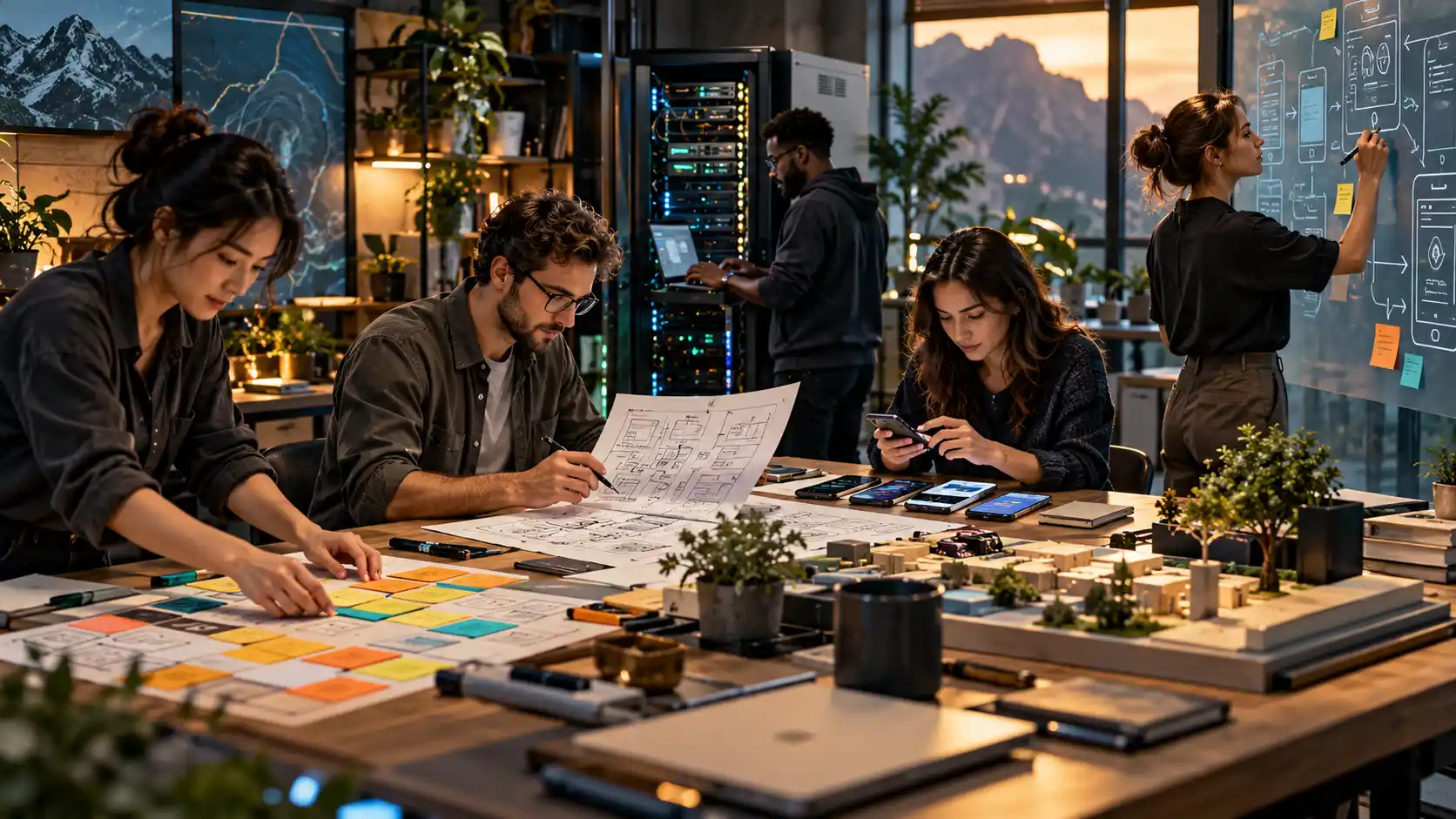 Dedicated technology team collaborating on product planning, QA testing, infrastructure, and UX design in a modern innovation studio.