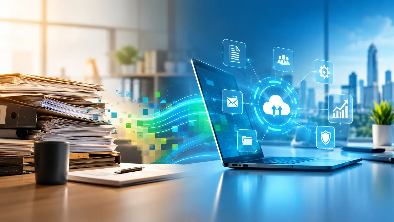 Digital transformation concept illustrating connected business systems, data flows, and technology-driven process modernization.