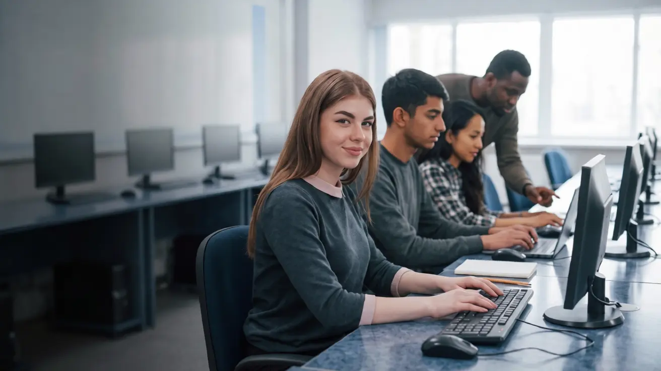 A diverse group of students and an instructor collaborating in a modern computer lab supported by Education IT services