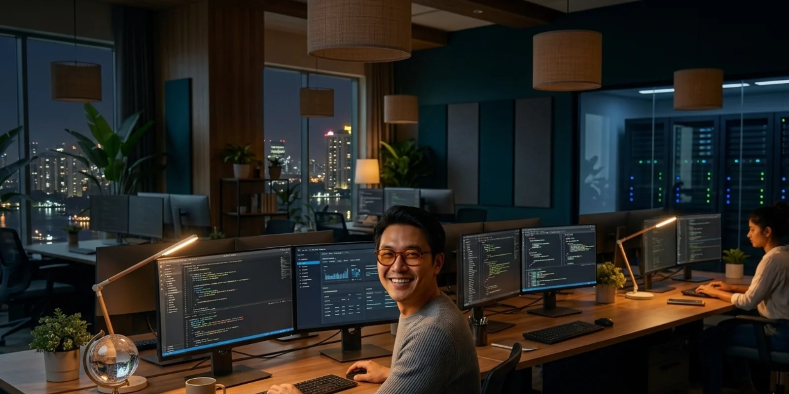 Globally connected technology professionals working across distributed locations, representing HashRoot’s global workforce management services for international teams.