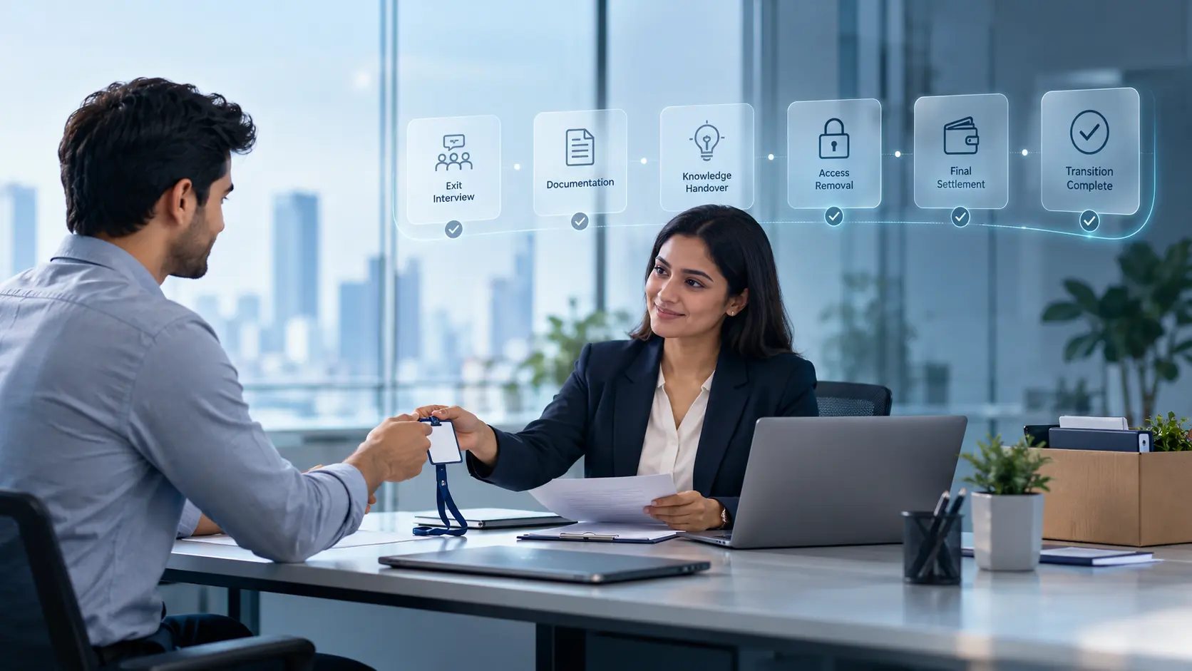 Employee returning an ID badge to HR during the exit process, with digital steps for documentation, knowledge handover, access removal, and final settlement, representing HashRoot’s employee offboarding services.