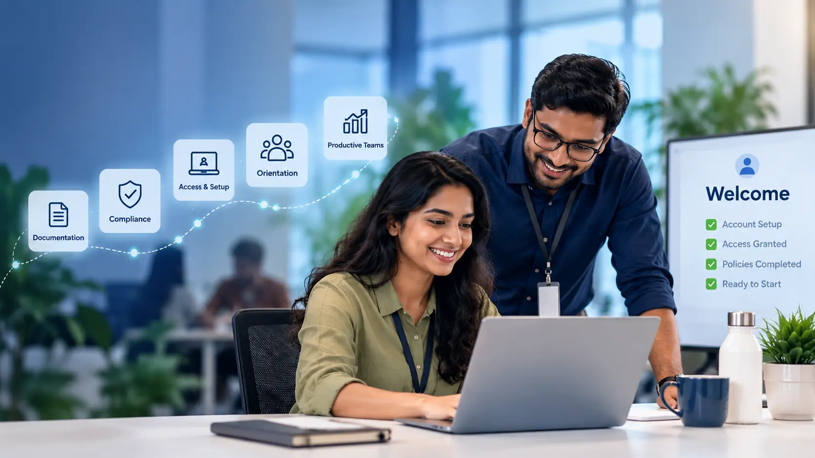 HR professional assisting a new employee with documentation, system access, and orientation, representing HashRoot’s employee onboarding services.