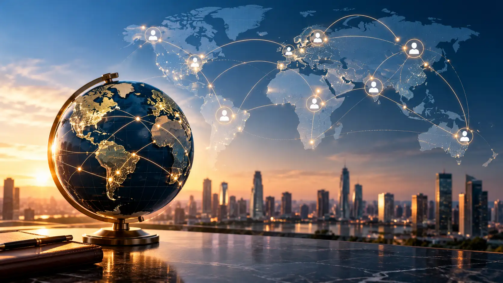 Illuminated globe connected to a digital world map with global workforce icons and network links, representing HashRoot’s Employer of Record services for international hiring and employment management.