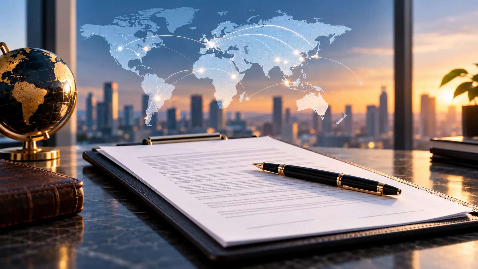 Employment contract and pen on a desk with a connected world map, representing HashRoot’s employment contract drafting and review services for global hiring.