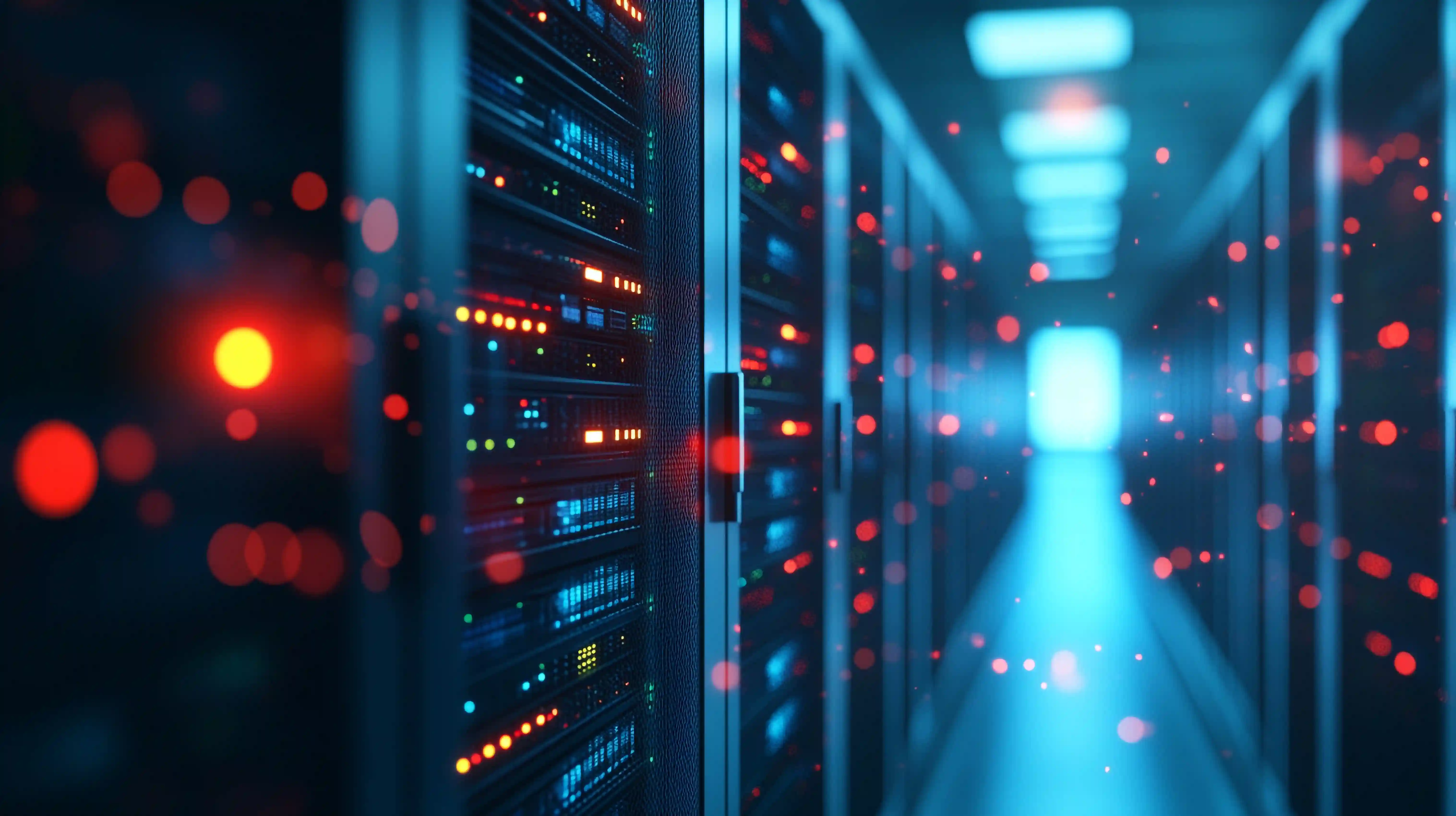 Server racks in a data center with glowing network activity representing managed firewall and IDS/IPS security monitoring.