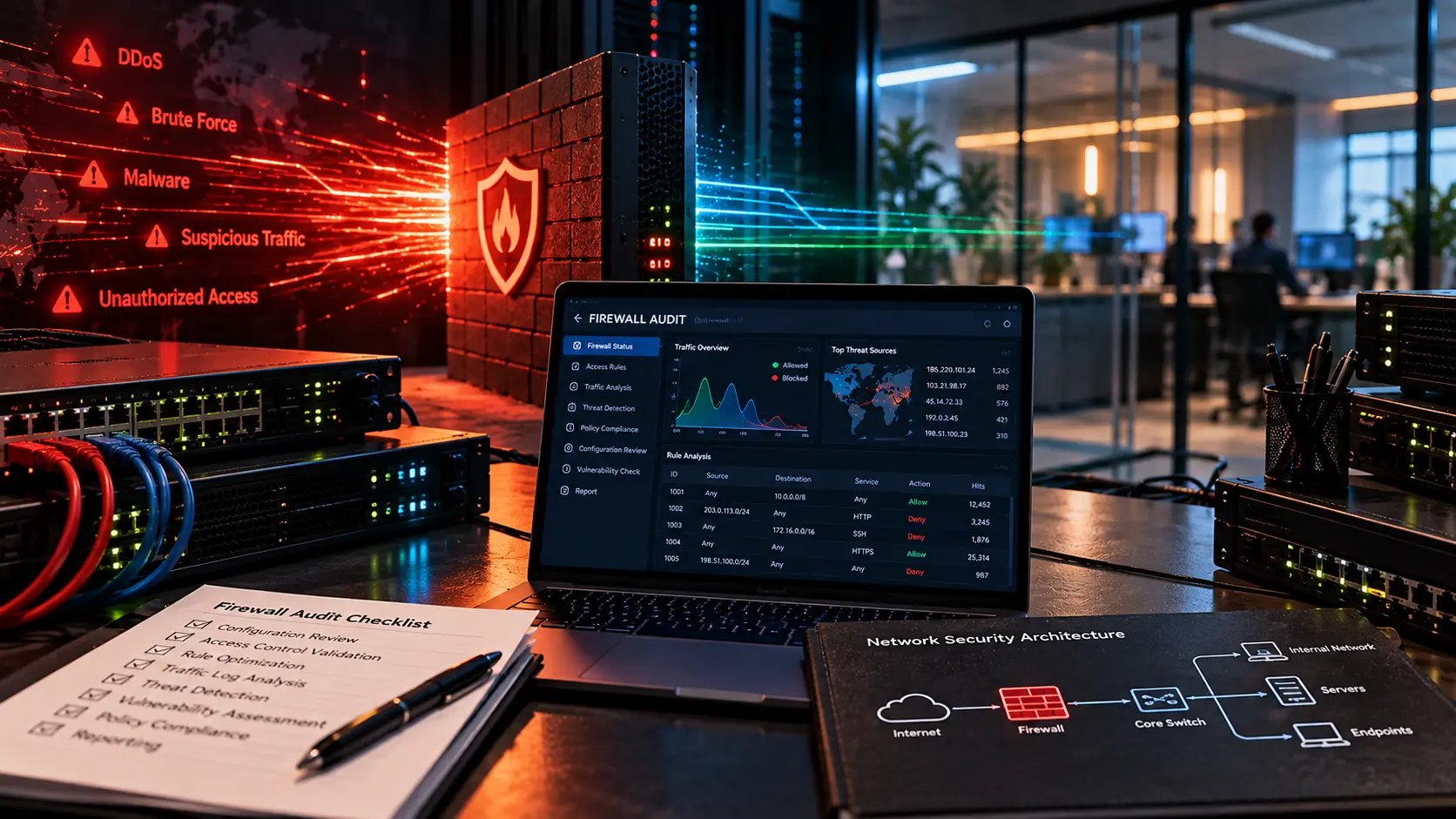 Firewall audit setup reviewing security rules, traffic controls, network threats, and firewall configurations to identify vulnerabilities and misconfigurations.