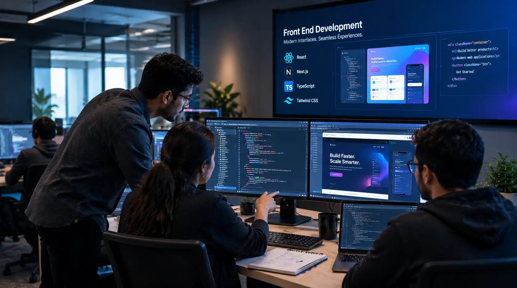 Front-end developers collaborating on website design, UI development, and code implementation in a modern office.