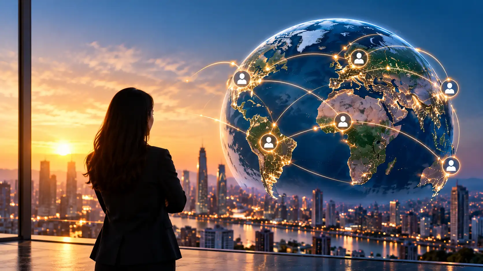 Professional overlooking a city skyline with a digitally connected globe representing HashRoot’s global employment solutions for international hiring and workforce management.