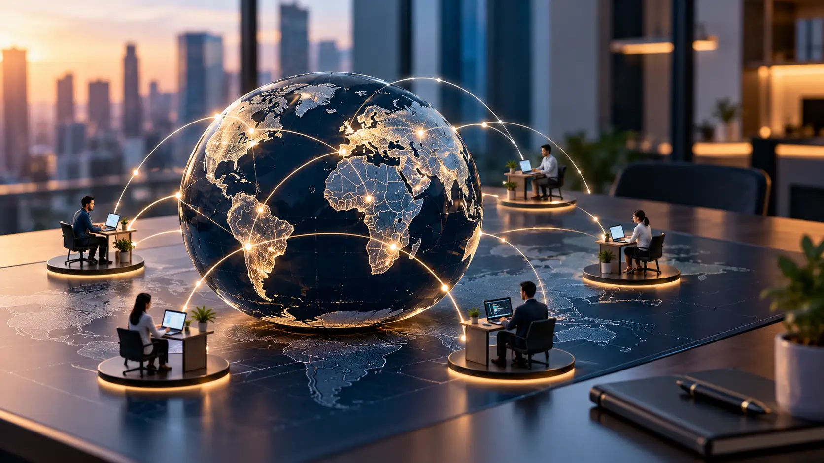 Globally connected technology professionals working across distributed locations, representing HashRoot’s global workforce management services for international teams.
