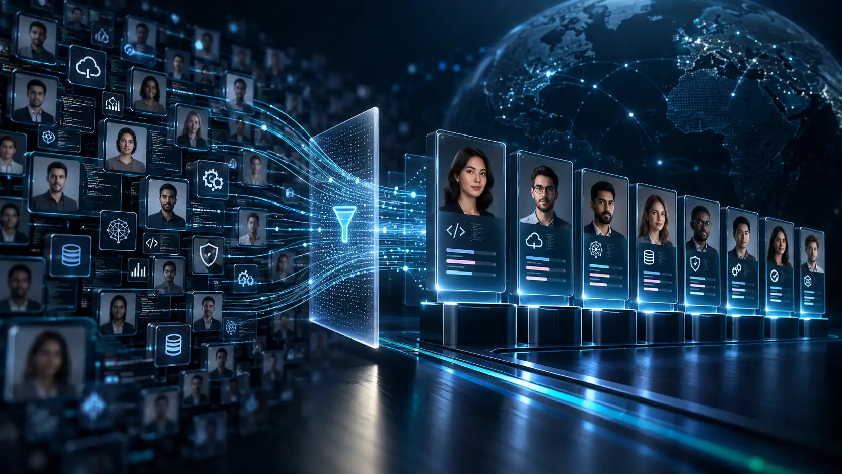Tech talent sourcing banner showing a global technology talent pool being filtered into qualified, pre-screened professionals for faster technical hiring.
