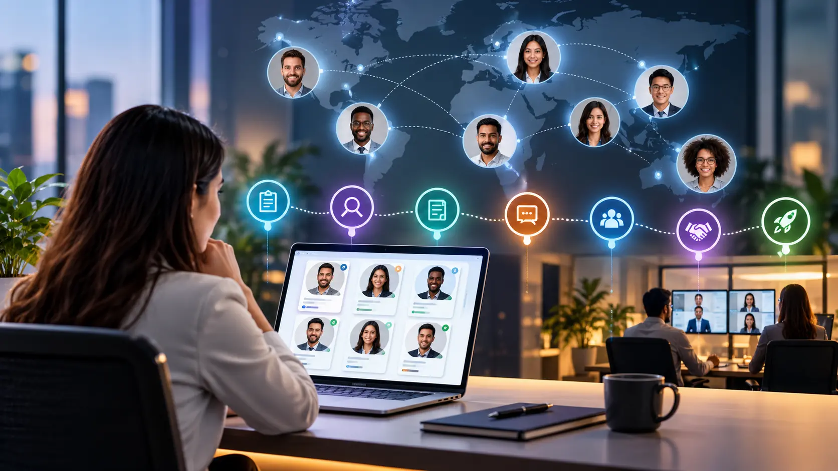 Remote Hiring Process banner showing a recruiter reviewing global pre-screened technology talent, candidate profiles, interview stages, and onboarding workflows in a connected remote hiring environment.