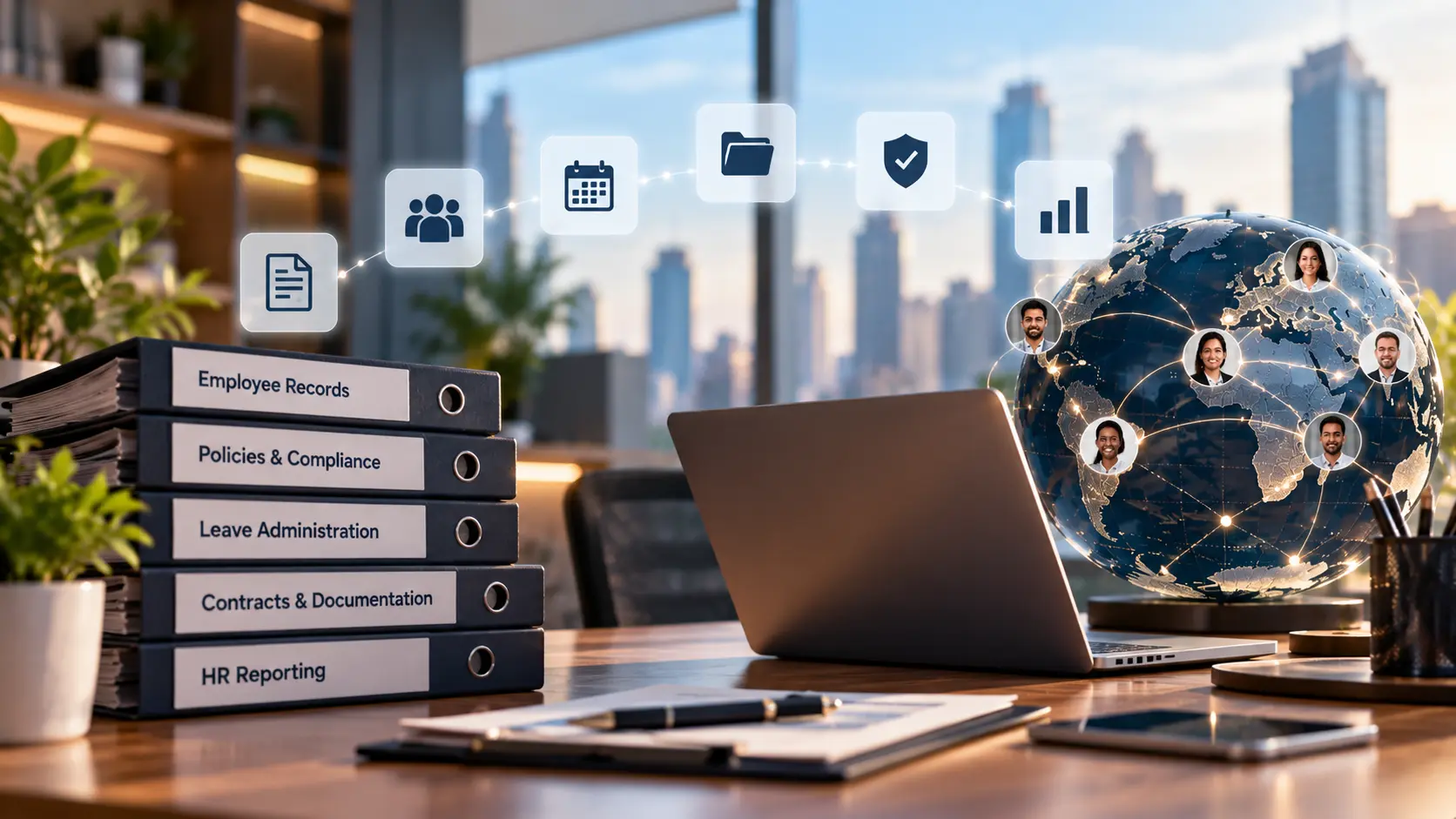 Organized HR records, employee documentation, and a globally connected workforce, representing HashRoot’s HR administration services for employee data, leave, policies, and reporting.