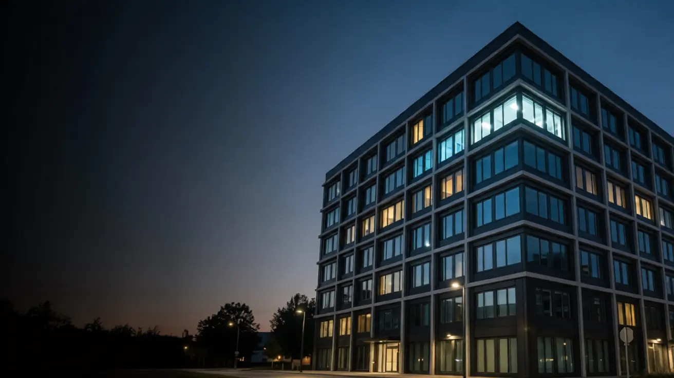 Modern apartment-style building at blue hour with warm and cool lit windows and one brighter floor, representing multi-tenant SaaS infrastructure and product engineering