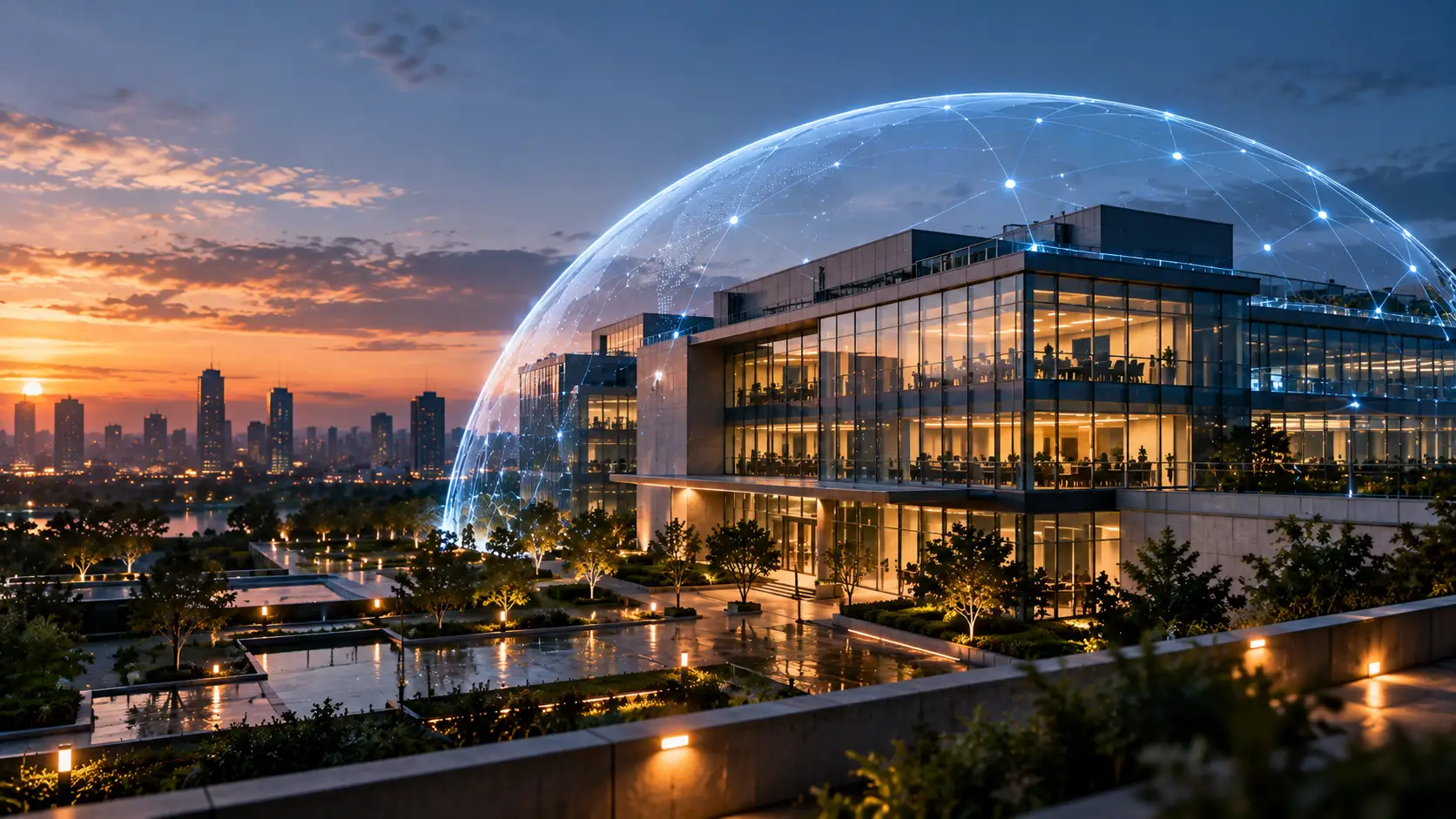 Modern enterprise building protected by a connected digital security shield, representing comprehensive cybersecurity services and solutions.