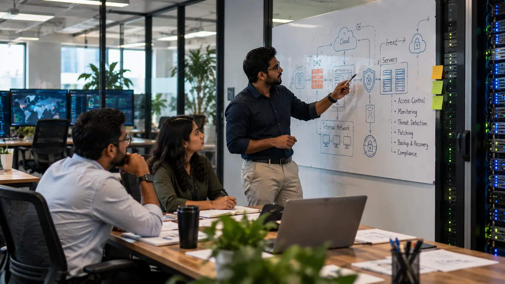 Infrastructure Security Services protecting enterprise networks, servers, identity systems, and data through security assessment, hardening, monitoring, and threat detection.