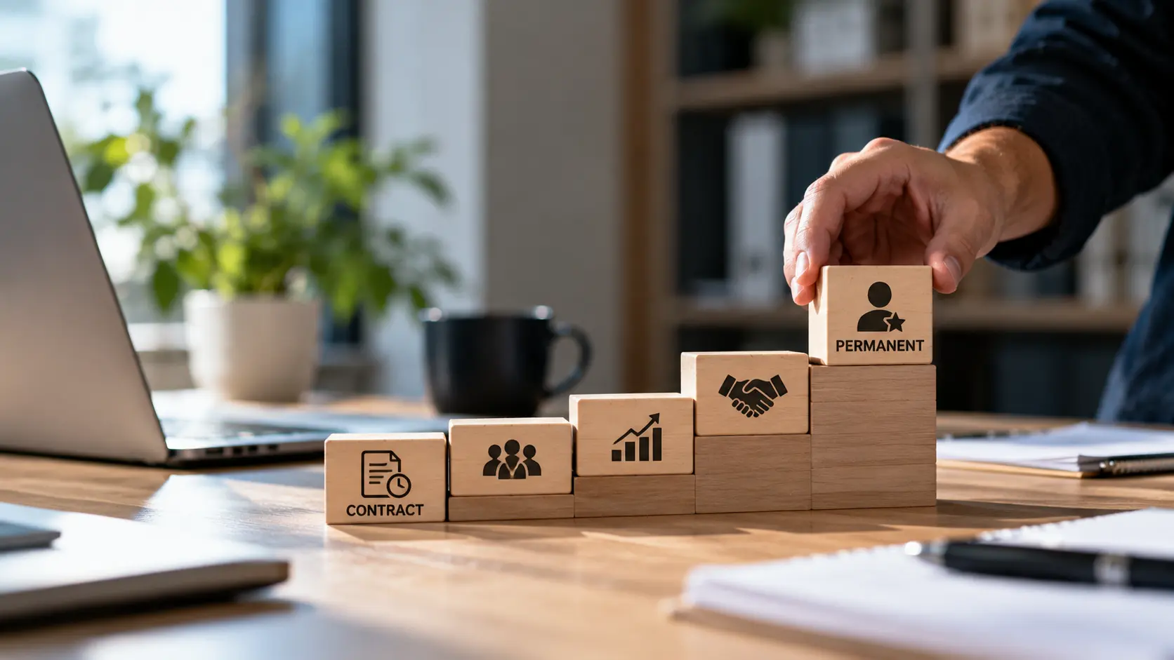 Contract to Hire Staffing services represented by a contract-to-permanent career progression, highlighting flexible hiring, evaluation, and permanent placement.