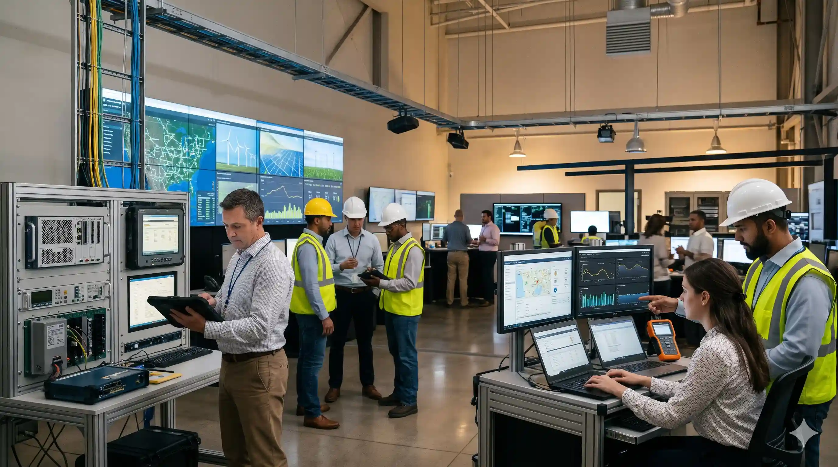 A team of engineers and IT professionals in safety gear collaborating on Energy and Utilities IT services inside a modern grid operations hub.