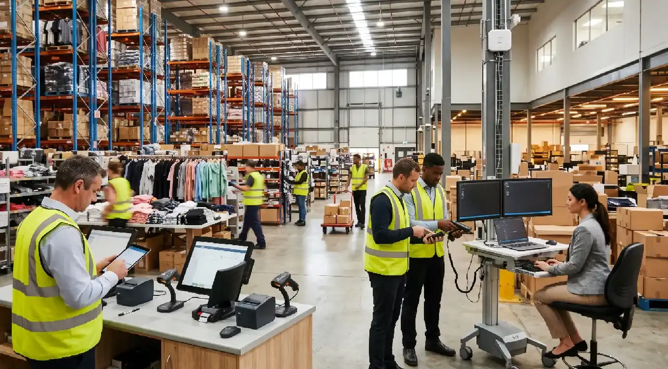 A team of IT professionals and warehouse staff collaborating on IT Services for Retail and e-commerce inside an active fulfillment center, featuring software development stations, handheld scanners, point-of-sale setups, and high-bay inventory shelving.