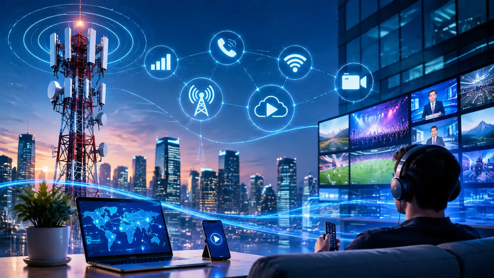 Telecom IT services connecting broadcast networks, communication towers, and digital media operations.