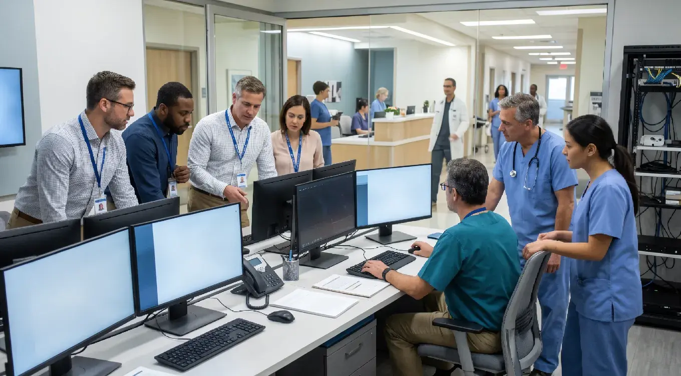 A diverse team of IT professionals and medical staff collaborating on Healthcare IT Services at a multi-monitor workstation inside a glass-walled hospital office