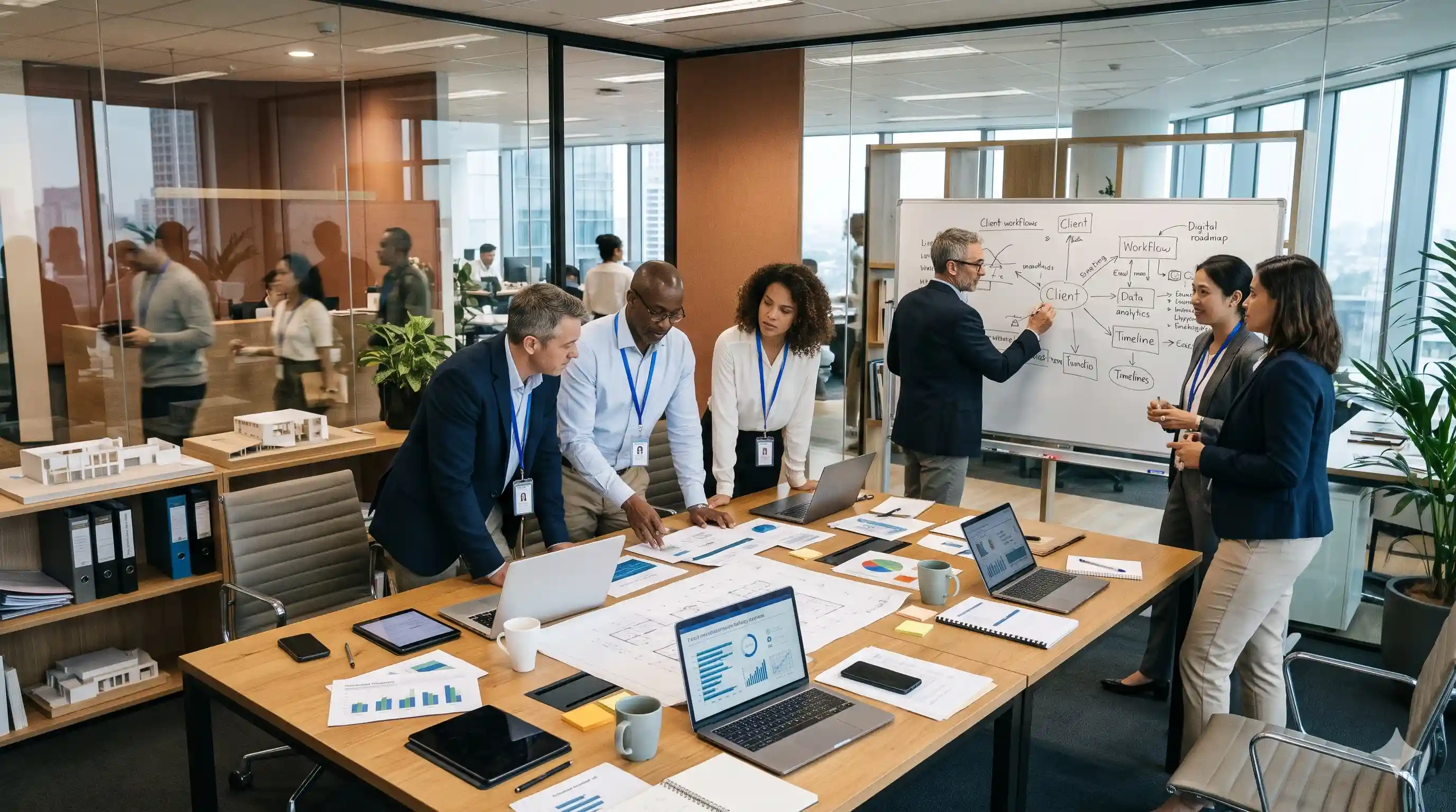 A diverse team of consultants and advisors collaborating on Professional IT Services at a large conference table in a bustling glass-walled office, reviewing digital dashboards, printed plans, and workflow brainstorming on a whiteboard.