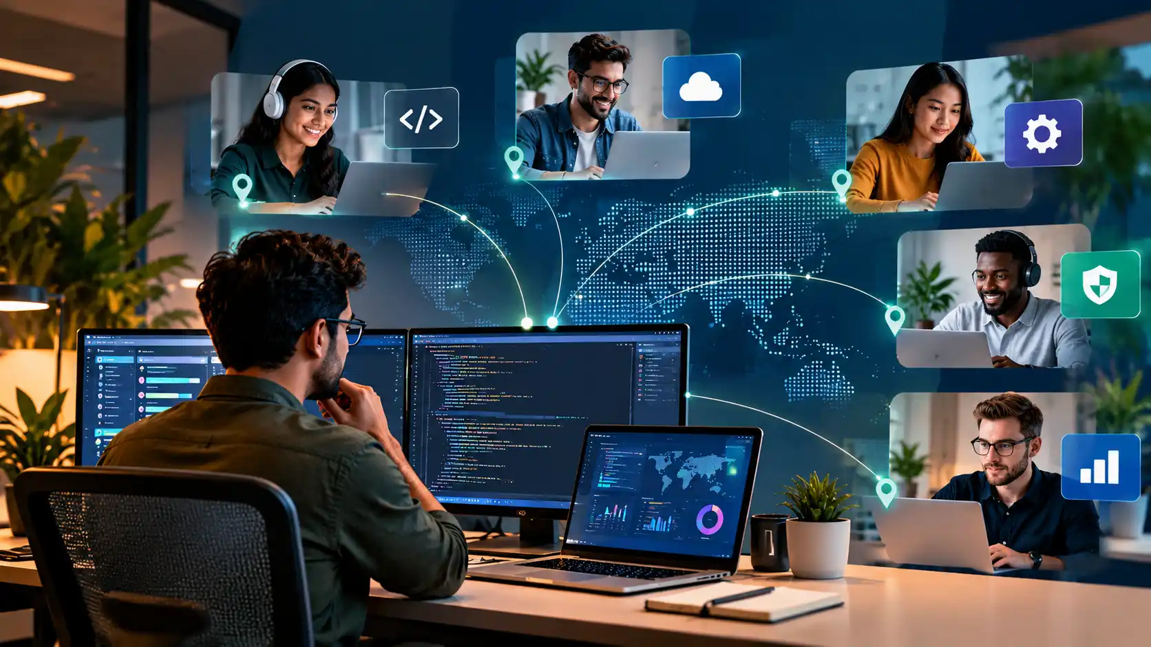 IT staff augmentation banner showing a connected global network of software, cloud, security, and engineering professionals collaborating with an internal technology team.