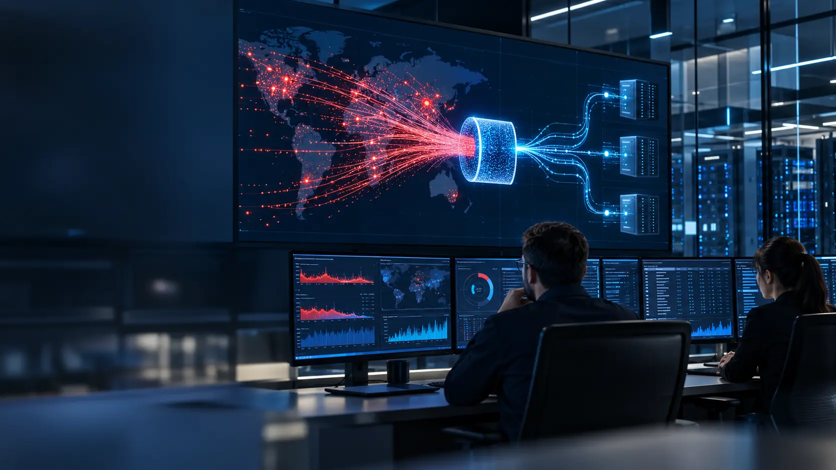 Security analysts monitoring DDoS attack traffic being filtered before reaching protected servers in a cybersecurity operations center.