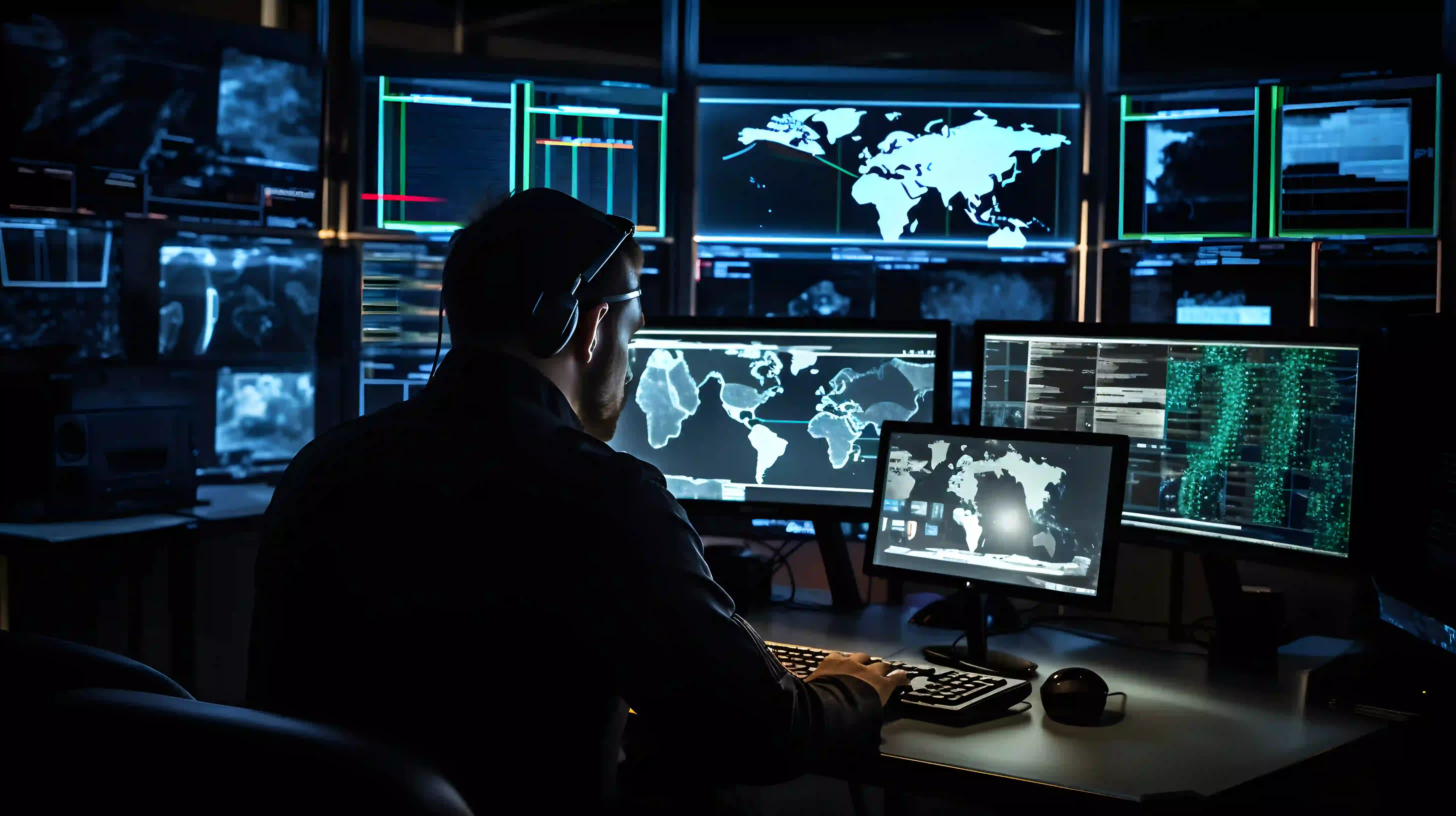Security analyst monitoring global threat activity across multiple screens in a managed detection and response operations center.