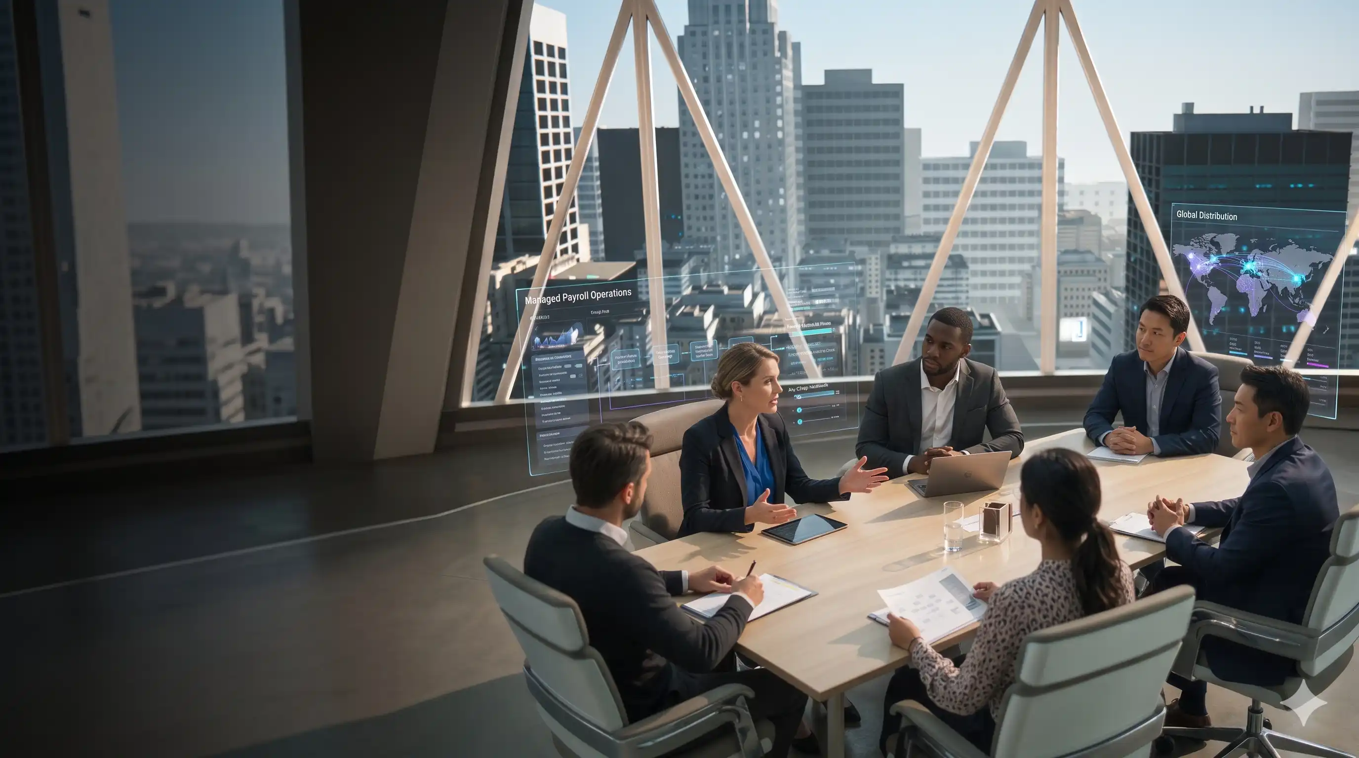 A diverse professional team in a modern high-rise boardroom reviewing floating digital data screens, with dark negative space on the left.
