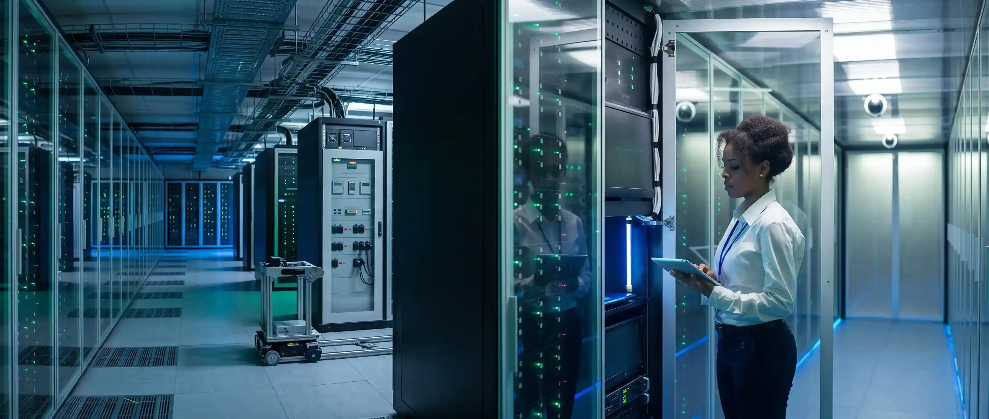 Security analyst monitoring server infrastructure in a data center for managed SIEM operations and continuous security visibility.