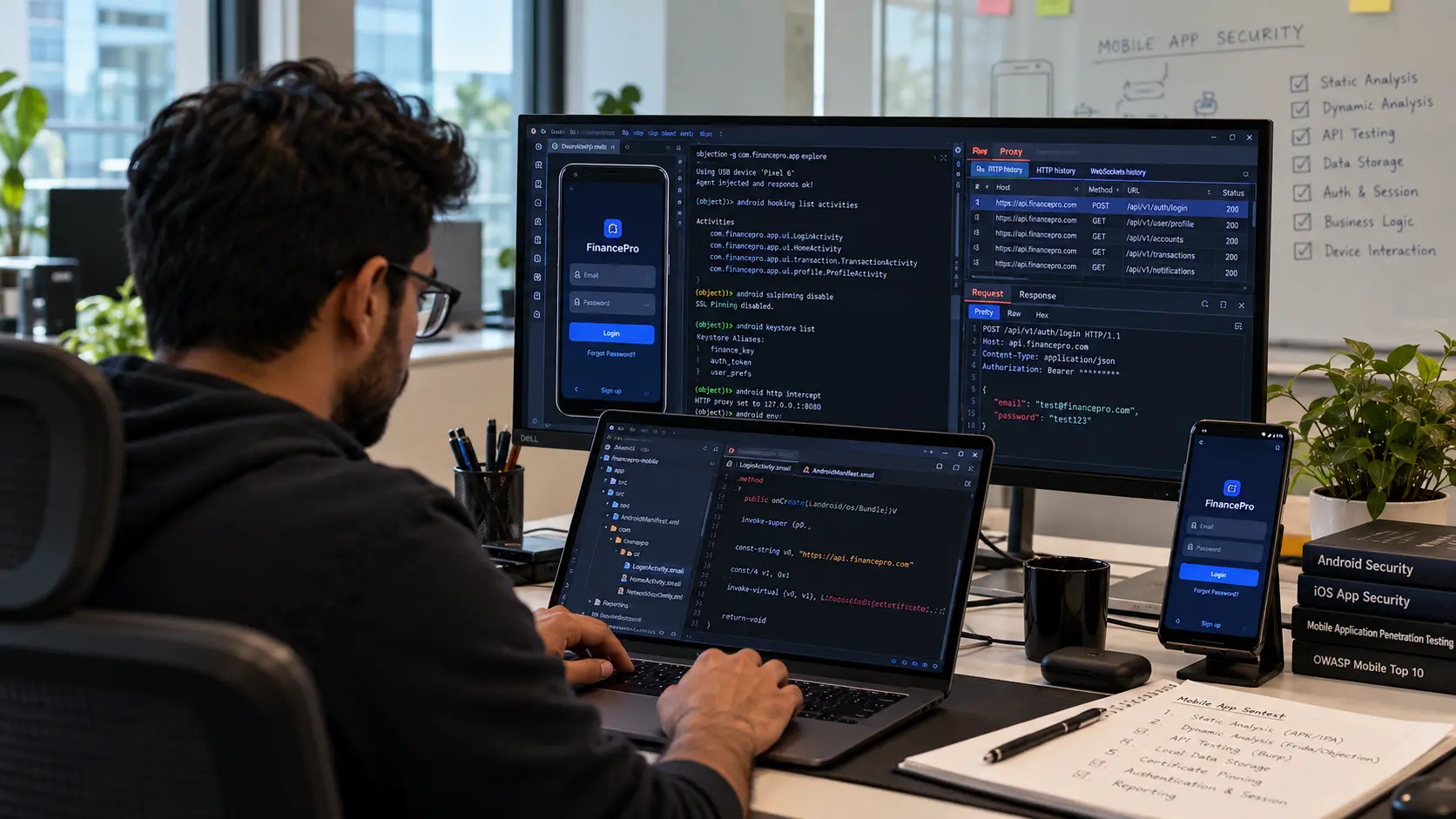 Cybersecurity professional performing mobile app penetration testing and security assessment on Android and iOS applications.
