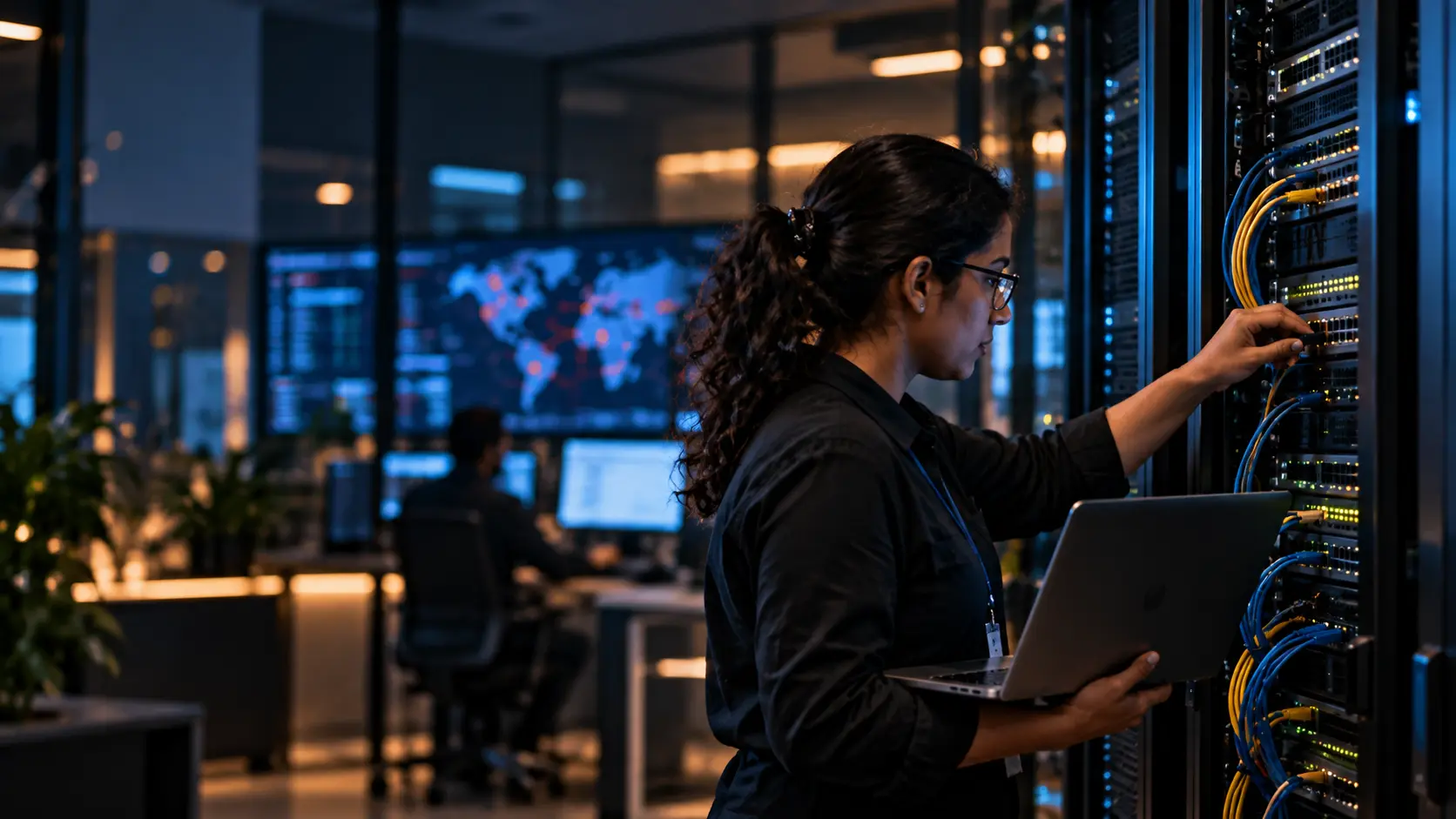 Cybersecurity professional performing network penetration testing by analyzing network infrastructure, connected systems, and security vulnerabilities.