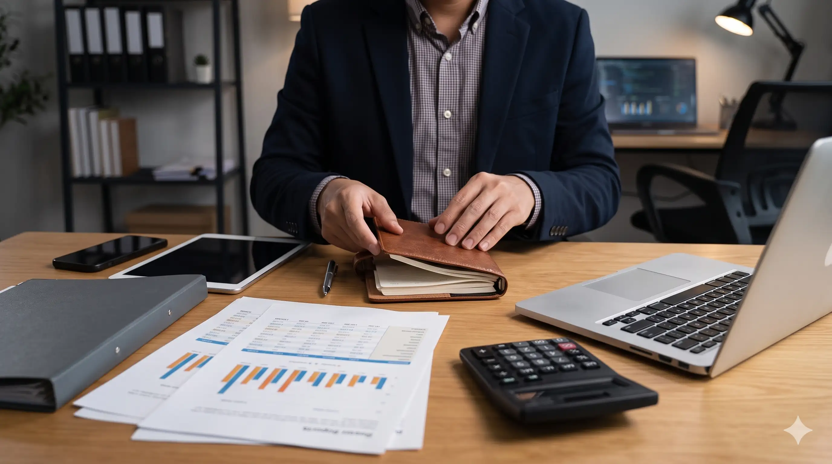 A close-up of a professional in a navy blazer at a desk, opening a leather notebook, surrounded by financial reports, a laptop, a calculator, and office supplies.