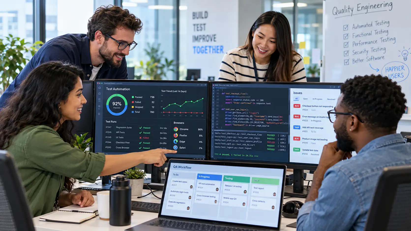 QA Staffing banner showing a quality assurance team reviewing test automation results, software defects, test coverage, and QA workflows in a modern office.
