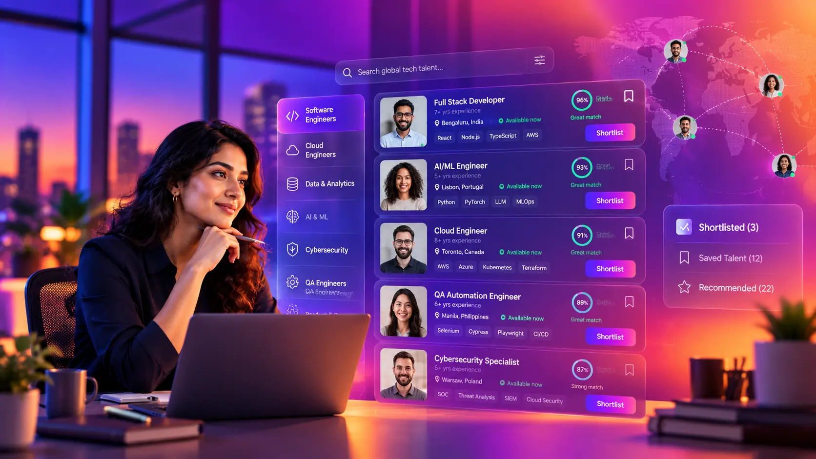 Tech Talent Marketplace banner showing a recruiter exploring pre-screened global technology professionals, comparing skills, experience, match scores, and shortlisting candidates through the RapidBrains platform.