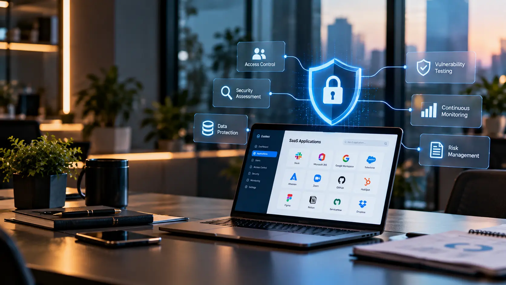 SaaS Security Solutions protecting SaaS applications with access control, data protection, security assessment, vulnerability testing, and continuous monitoring.