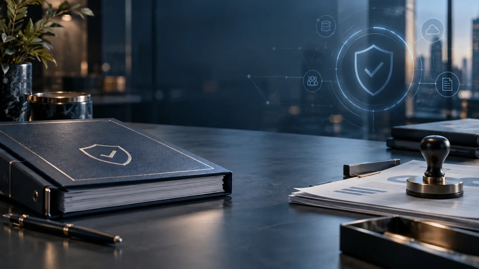SOC 2 Type 2 compliance audit workspace with security documentation, approval stamp, and digital security shield.